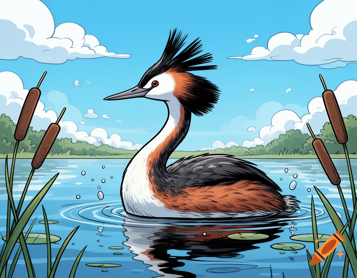 A cartoon Great Crested Grebe with spiky black feathers and an orange crest swims in a lake with cattails.