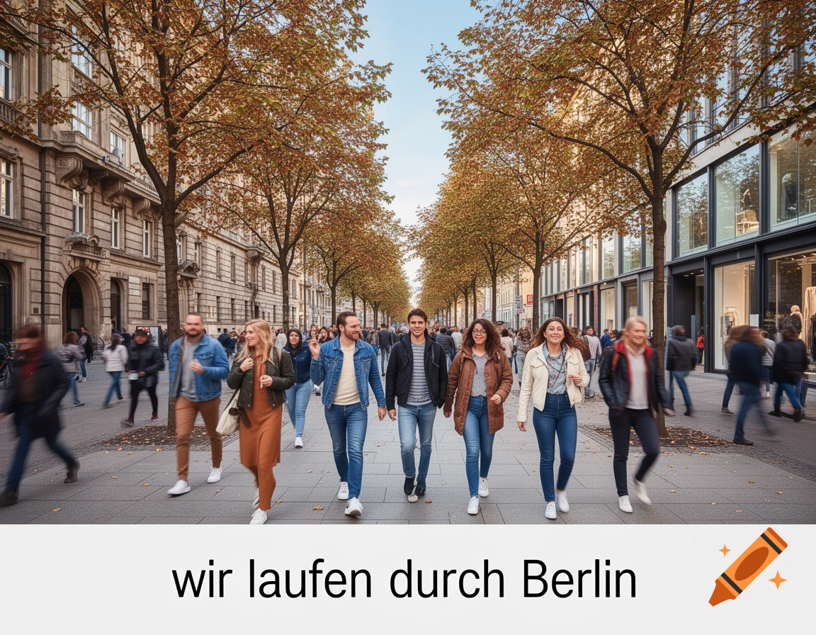 People walk down a tree-lined city street with buildings on either side, on a sunny day.