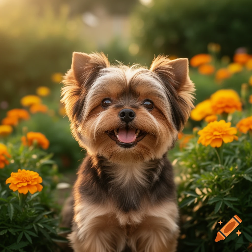 A hyperrealistic Shorkie dog with brown and blonde fur smiles brightly while sitting in a garden among orange marigold flowers.