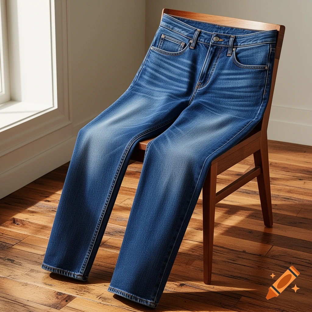 Blue jeans are draped over a wooden chair in a sunlit room with a hardwood floor.