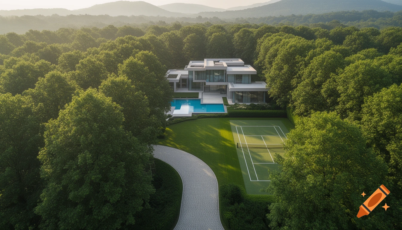 Aerial view of a contemporary mansion with a pool and tennis court, nestled in lush green trees with distant mountains.