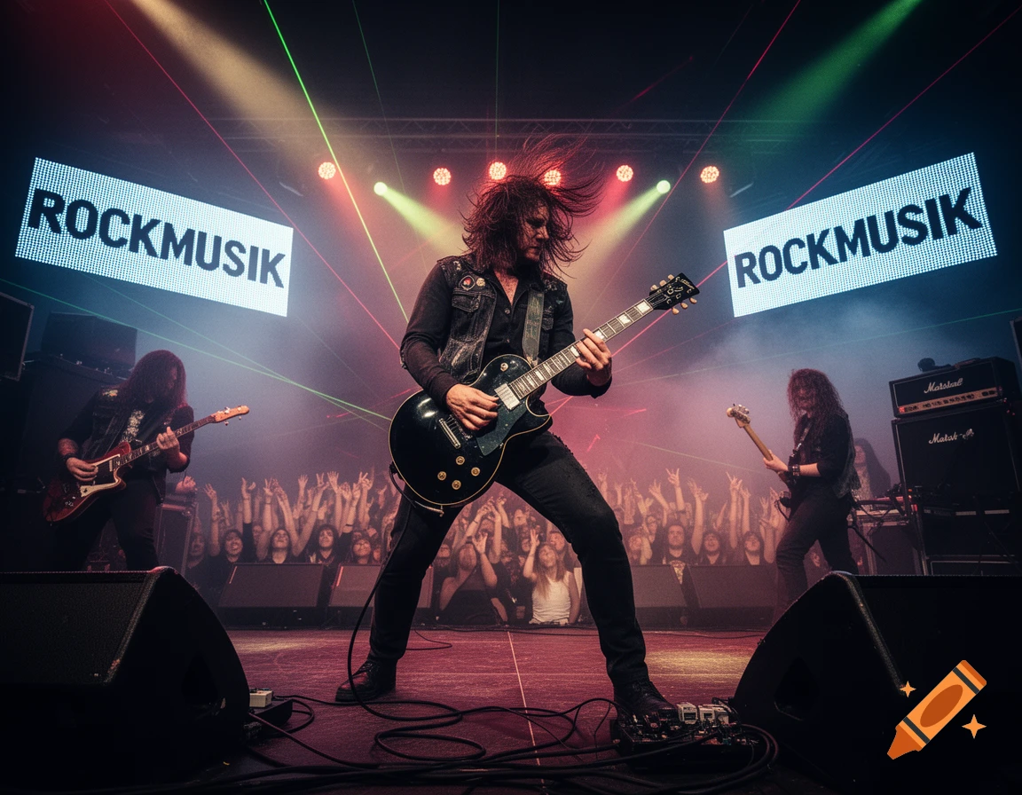A rock band performs on stage under vibrant lights, with two large screens displaying 'ROCKMUSIK' and a crowd cheering.