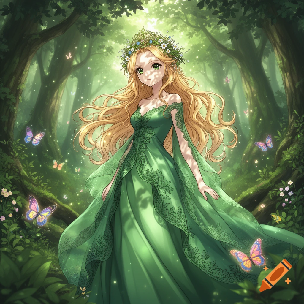Anime forest princess with long blonde hair and a green dress, wearing a flower crown, stands in a magical forest with butterflies.