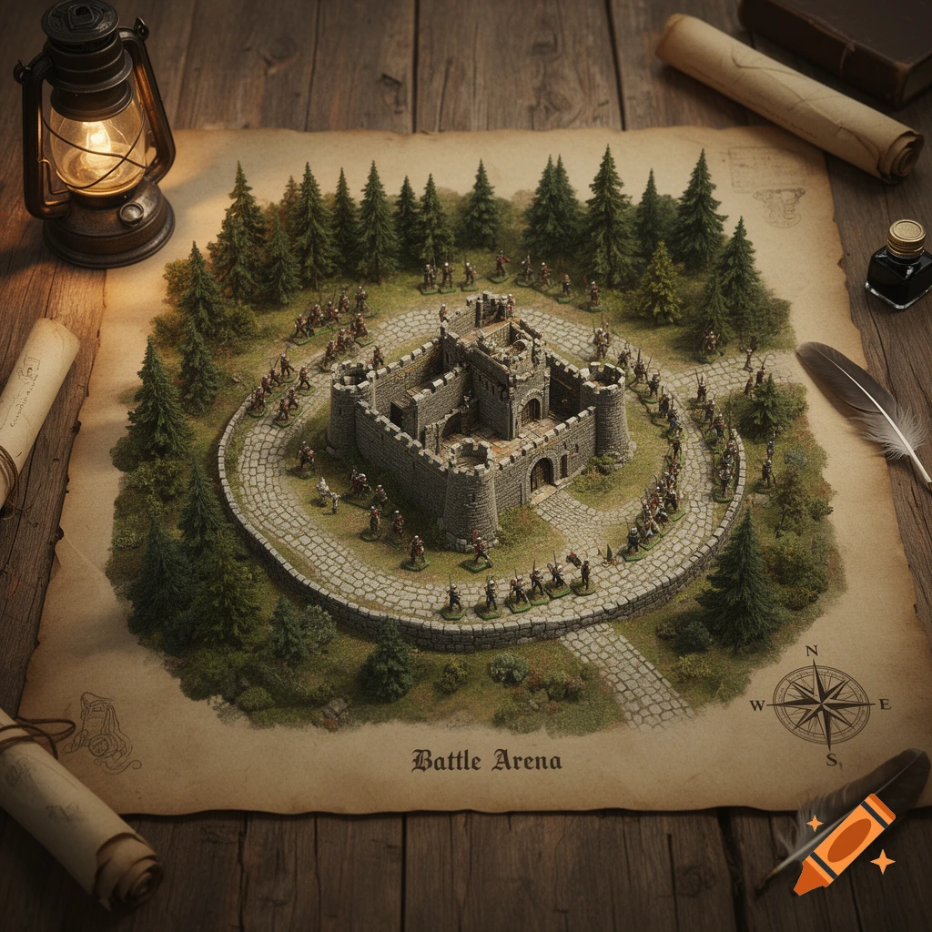 Overhead view of a miniature battle map featuring a stone castle, evergreen trees, and tiny soldier figures on a path, with text "Battle Arena" and a compass rose.
