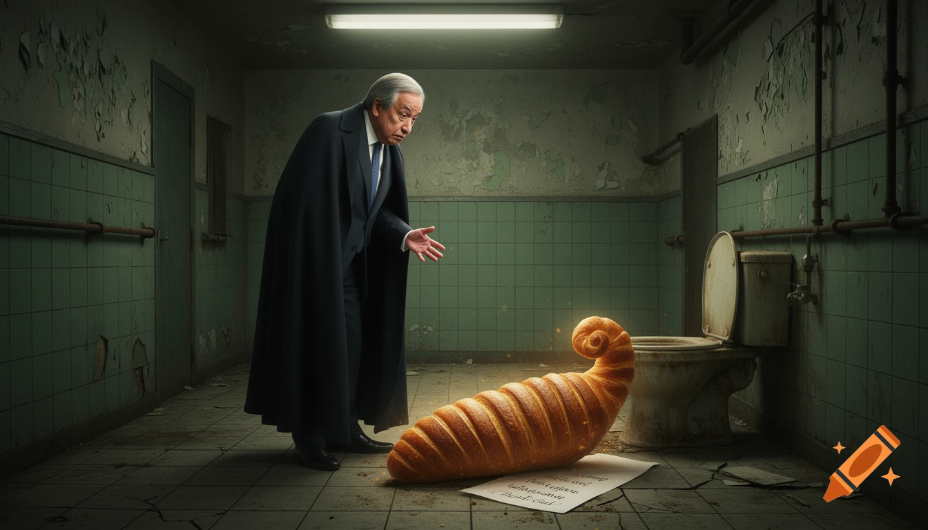 A dignified older statesman in a dark suit and cape looks confusedly at a long, spiral-ended bread loaf on the cracked floor of a filthy public toilet, in a photorealistic surreal dark-comedy style.