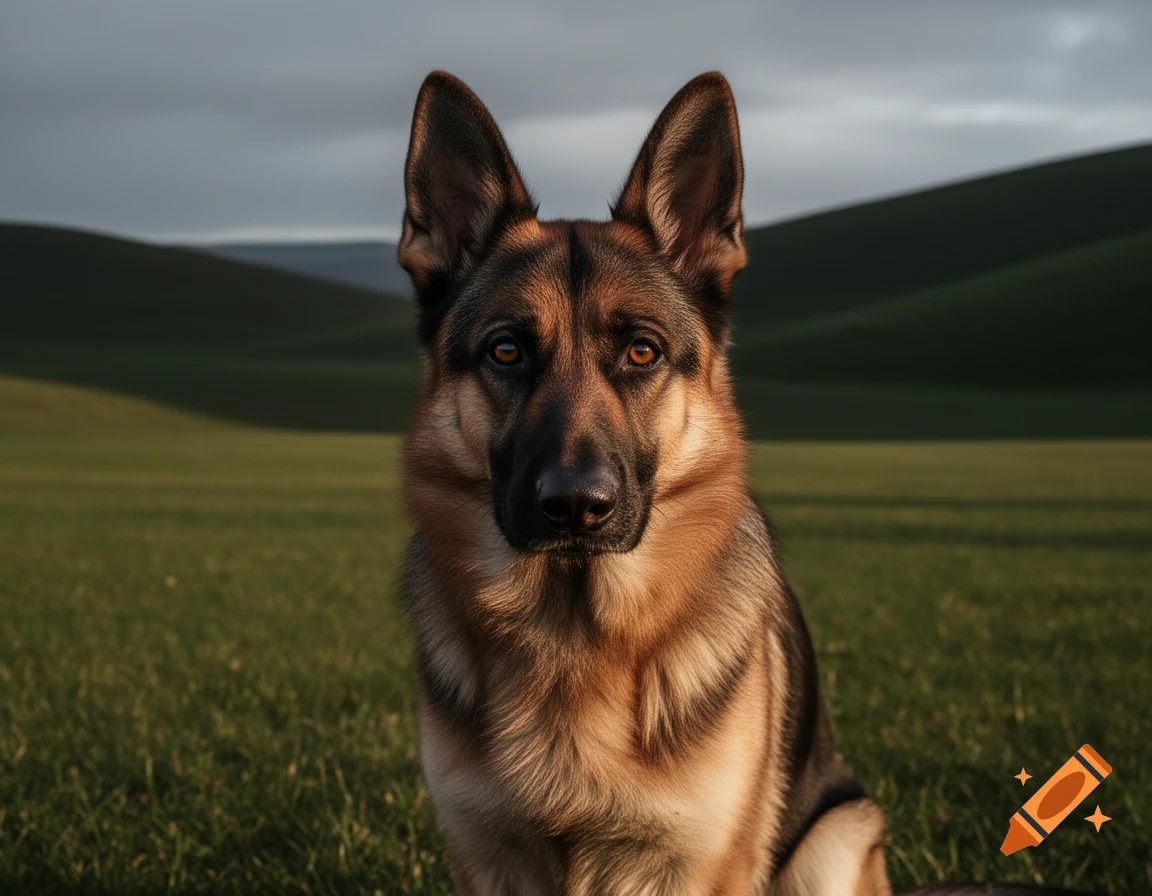 A photorealistic German Shepherd dog with alert eyes sits in a vast green field with rolling hills under a cloudy sky.
