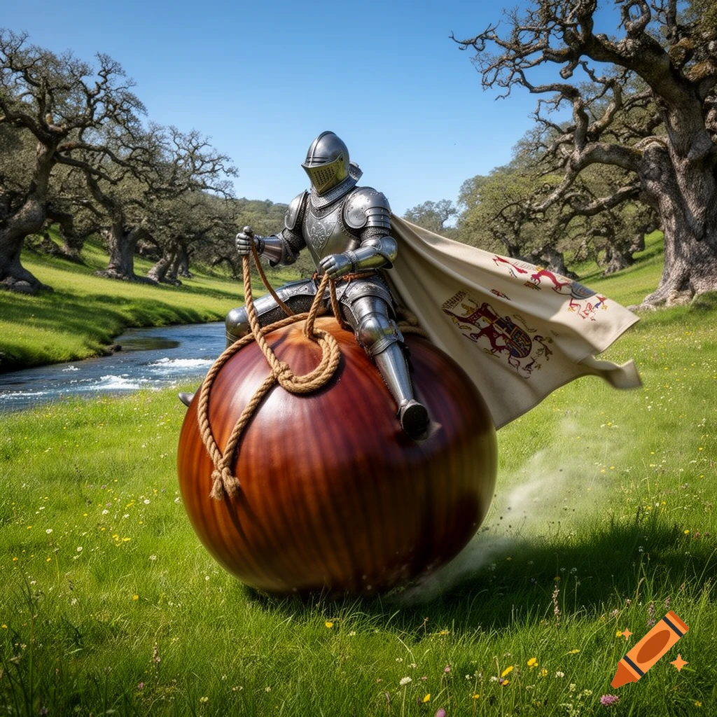 A knight in shining armor rides a giant, round, reddish-brown object resembling an onion, across a grassy field by a stream.
