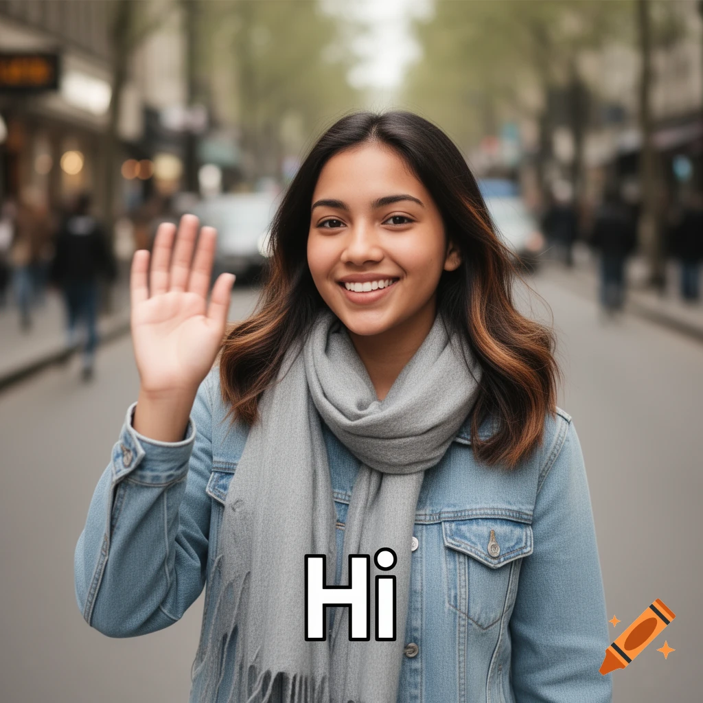 A smiling young woman with dark hair, a gray scarf, and a denim jacket waves at the camera on a blurred city street, with 'Hi' text.