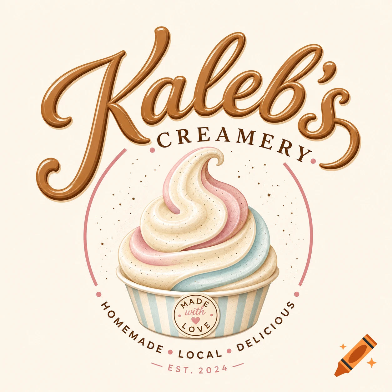 An illustrated logo for Kaleb's Creamery featuring a swirl of pink, blue, and white soft-serve ice cream in a striped cup.
