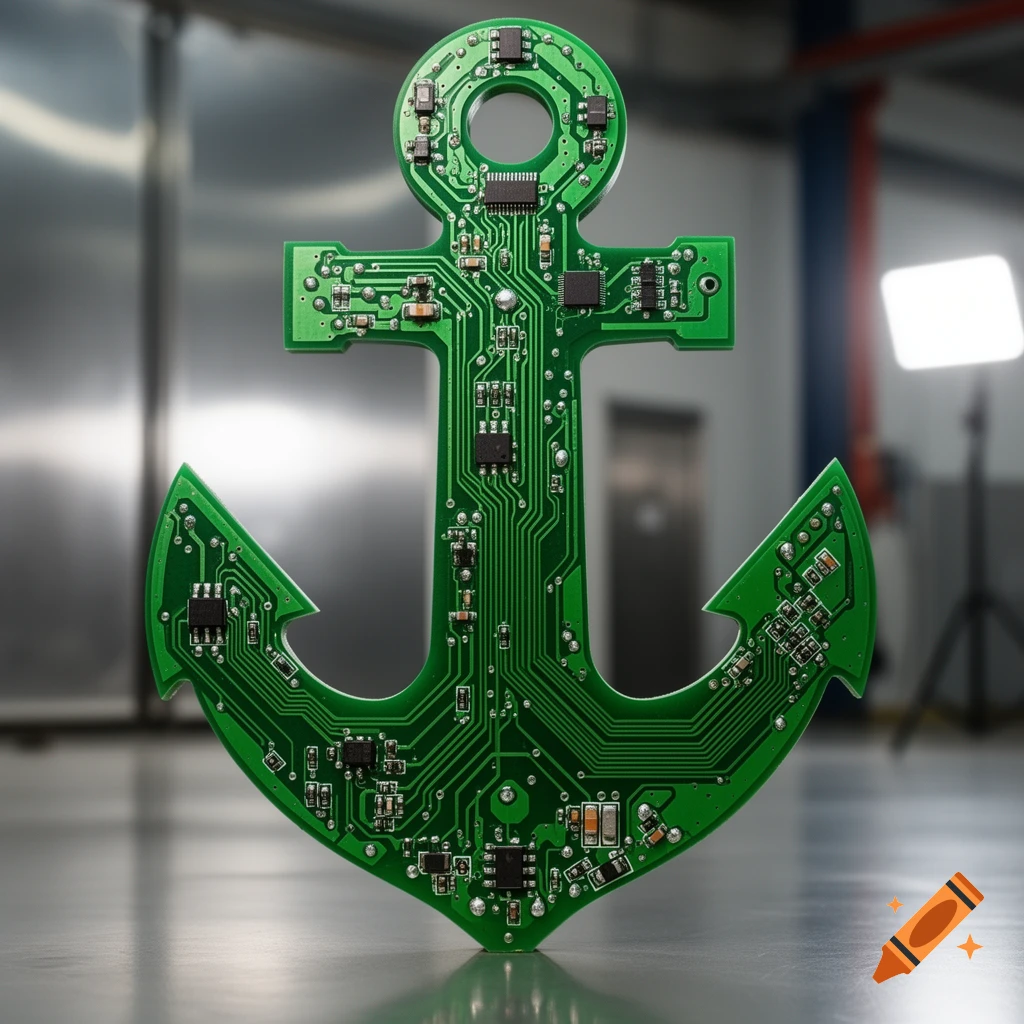 A photorealistic image of an anchor shaped like a green circuit board, standing on a reflective floor in an industrial setting.