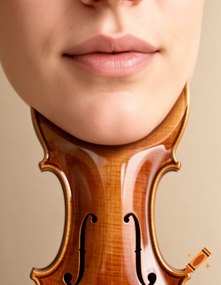 Close-up of a human chin and mouth seamlessly integrated into the wooden body of a violin.