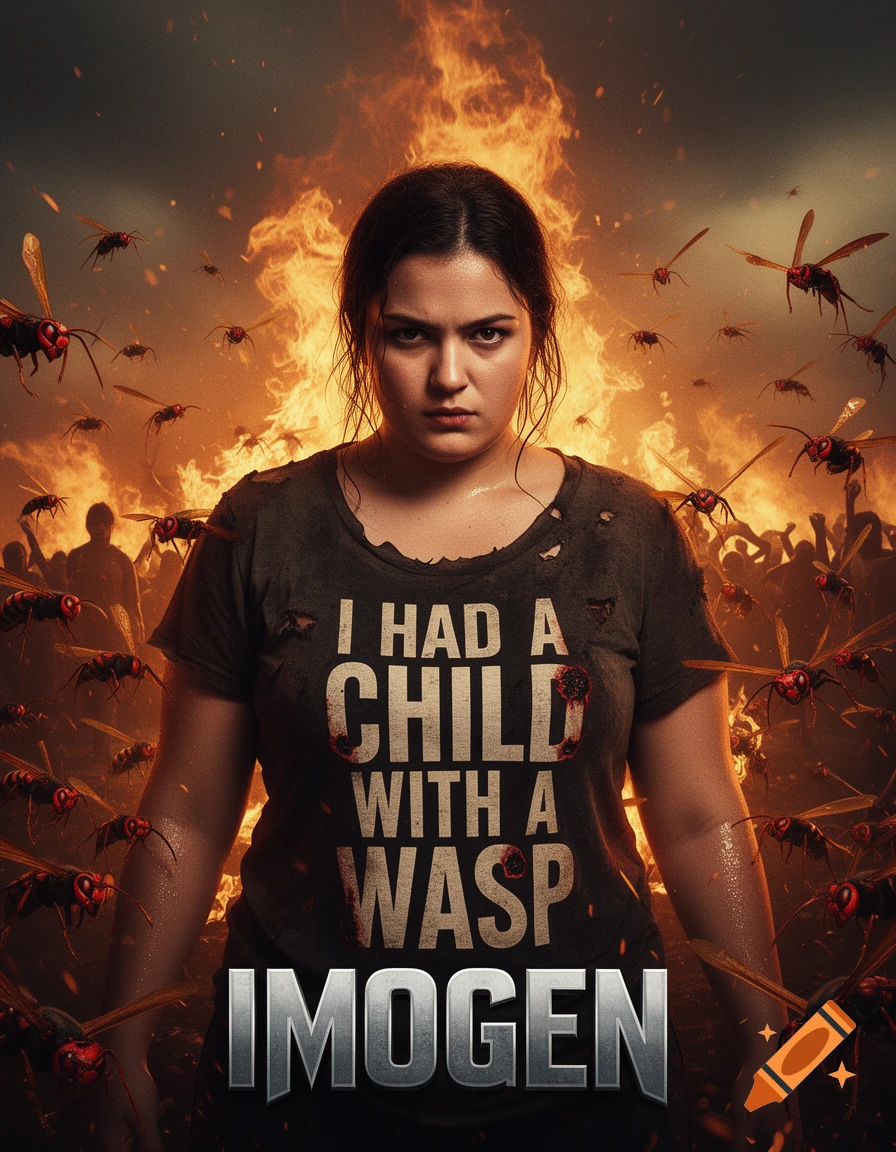 Dramatic movie poster of a stern woman in a ripped t-shirt that says 'I HAD A CHILD WITH A WASP', surrounded by red-eyed wasps and fire, with the title 'IMOGEN'.