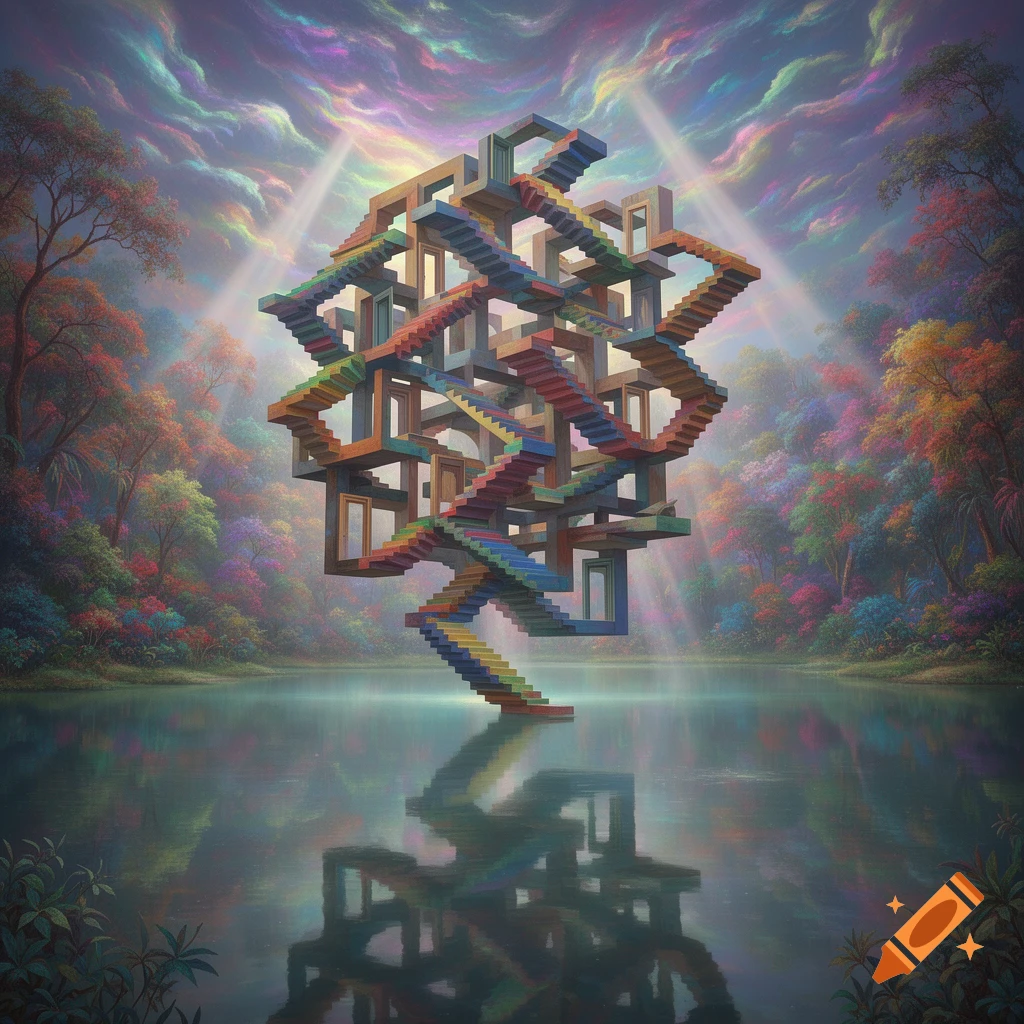 A surreal, impossible structure of colorful stairs and doorways floats above a tranquil lake in a vibrant, fantastical forest under a sunlit sky.