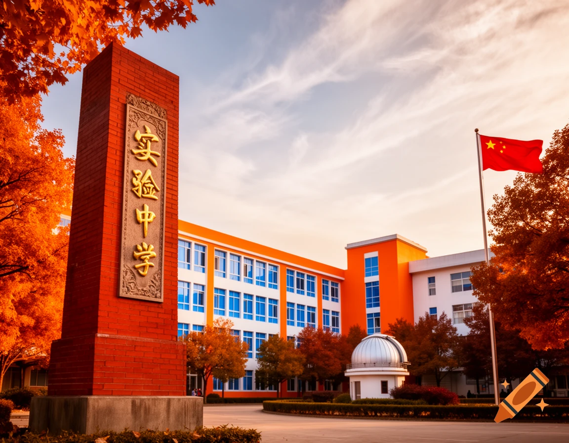 Photorealistic image of a Chinese middle school campus in autumn. A red-brick monument with golden text, orange buildings, observatory, and a Chinese flag under a cloudy sky.