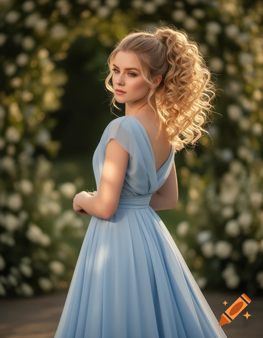 A young blonde woman in a light blue gown with a high curly ponytail looks over her shoulder in a sunlit garden of white flowers.