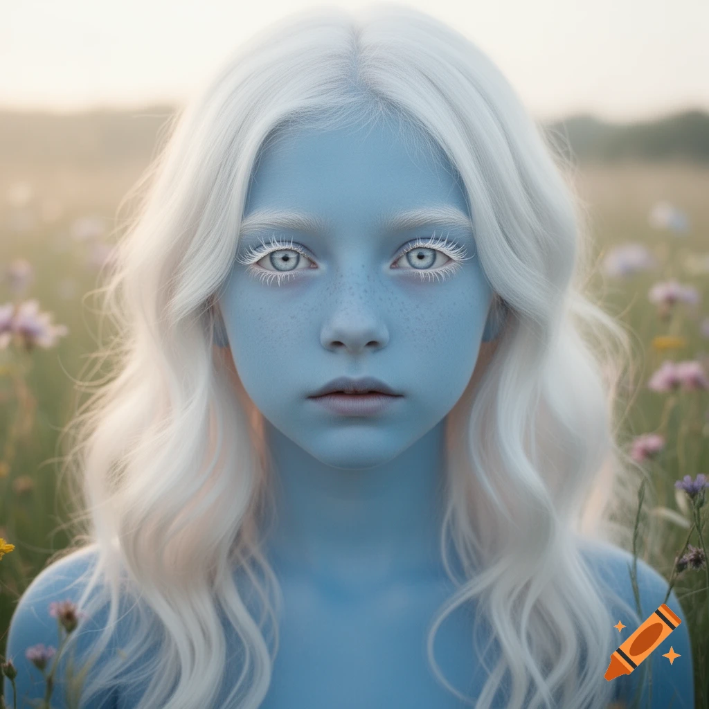 A close-up photorealistic portrait of a young girl with pale blue skin and long white hair, standing in a field of wildflowers.