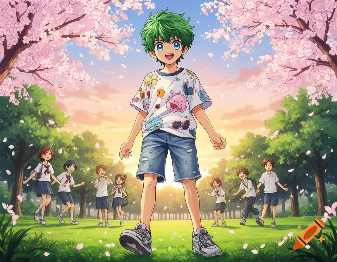 Anime boy with green hair in a cherry blossom park, with other children playing.