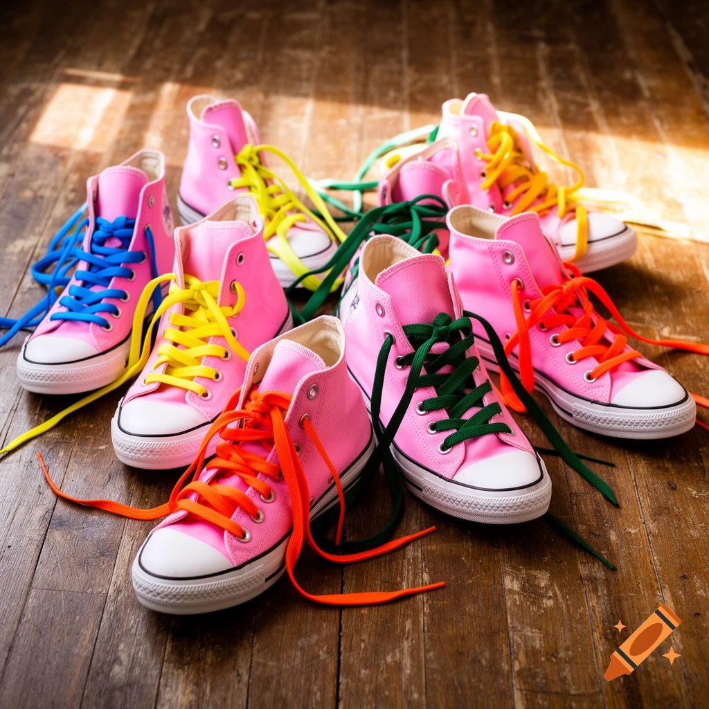 A group of pink high-top sneakers with various colored laces, scattered on a wooden floor.