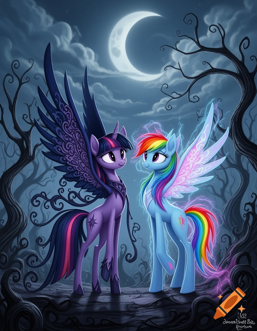 Twilight Sparkle and Rainbow Dash in a dark, whimsical Tim Burton-style forest under a crescent moon.