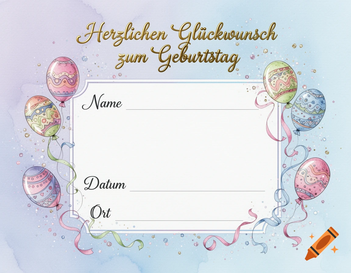 Watercolor birthday card template with balloons, ribbons, and text fields for name, date, and location.