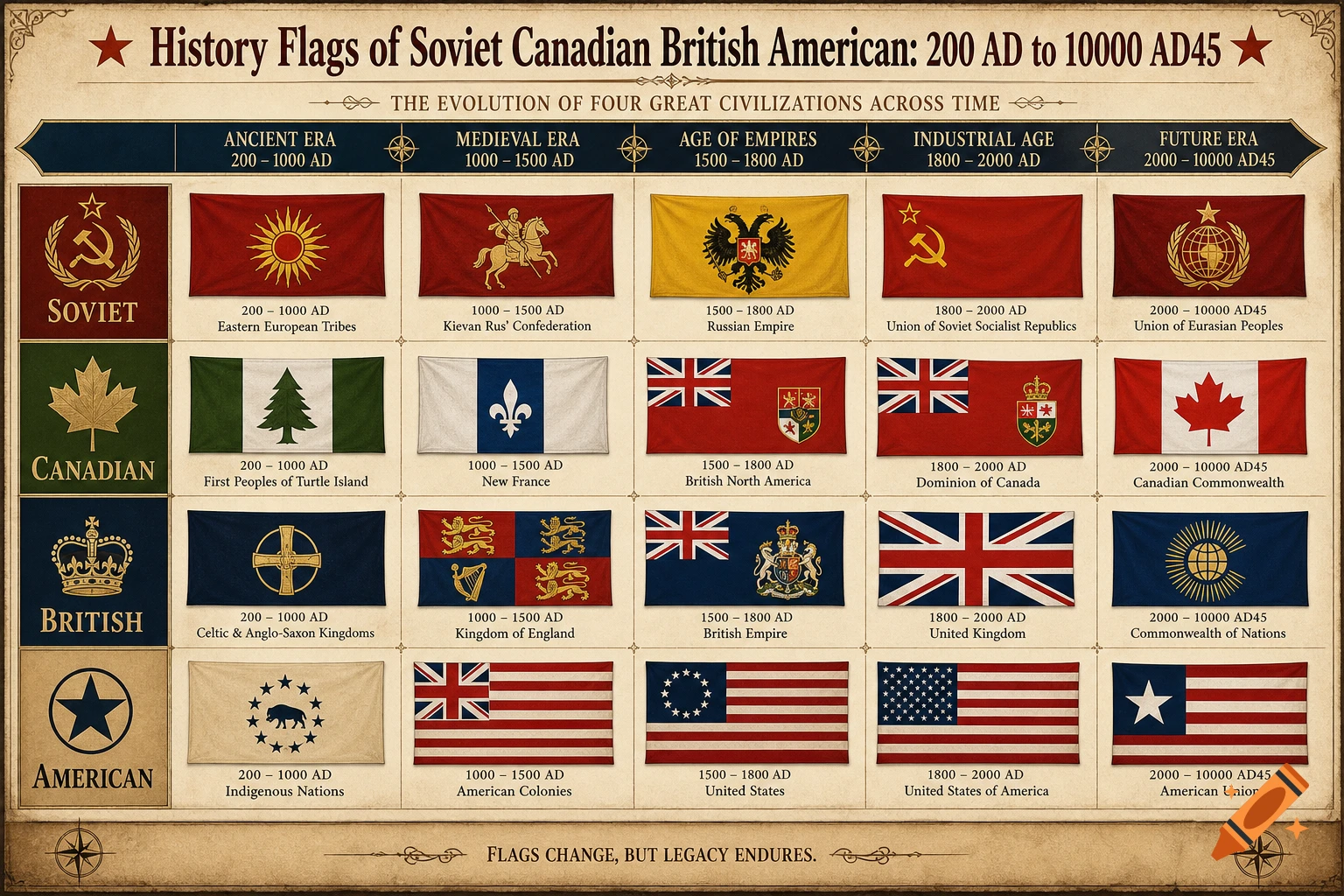 A detailed chart displaying a hypothetical historical progression of flags for Soviet, Canadian, British, and American civilizations from 200 AD to 10000 AD45, with era labels and descriptions for each flag.