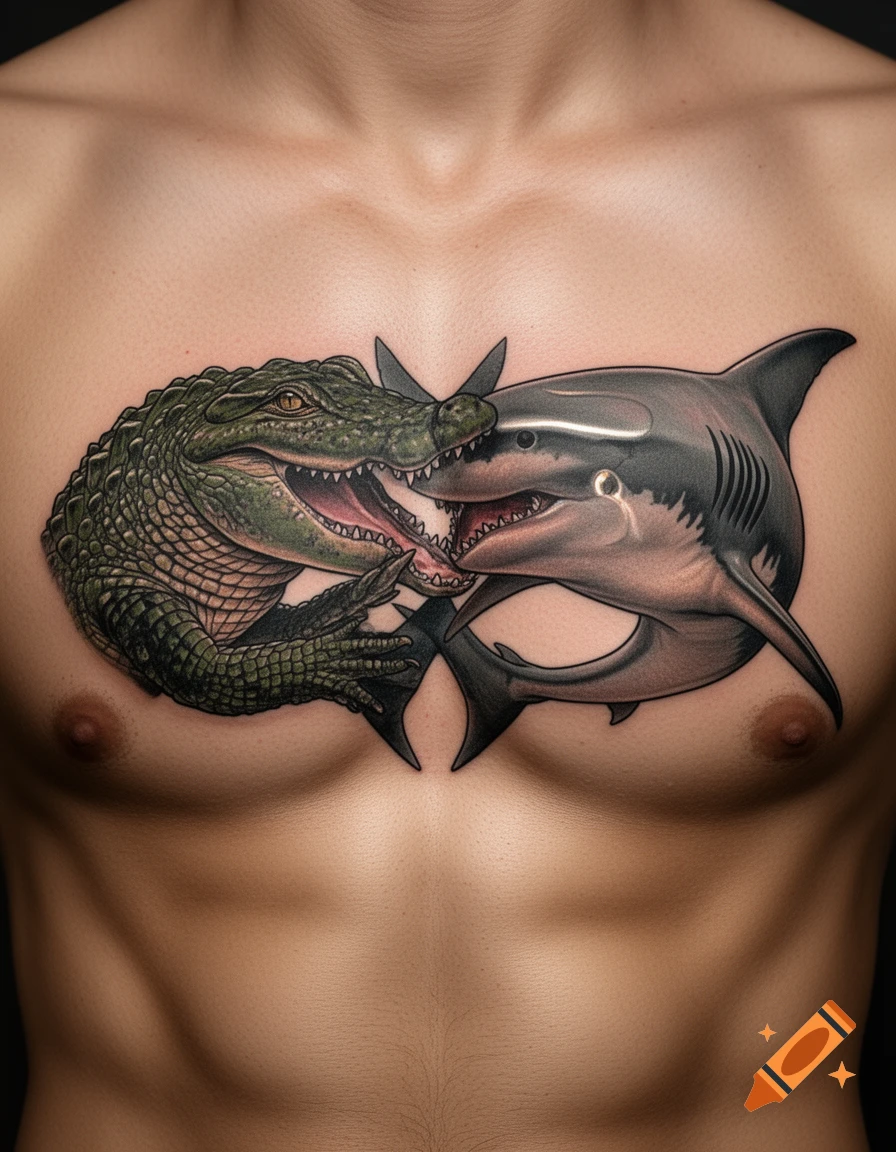 Detailed tattoo of a green alligator and a grey shark biting each other on a shirtless man's chest.