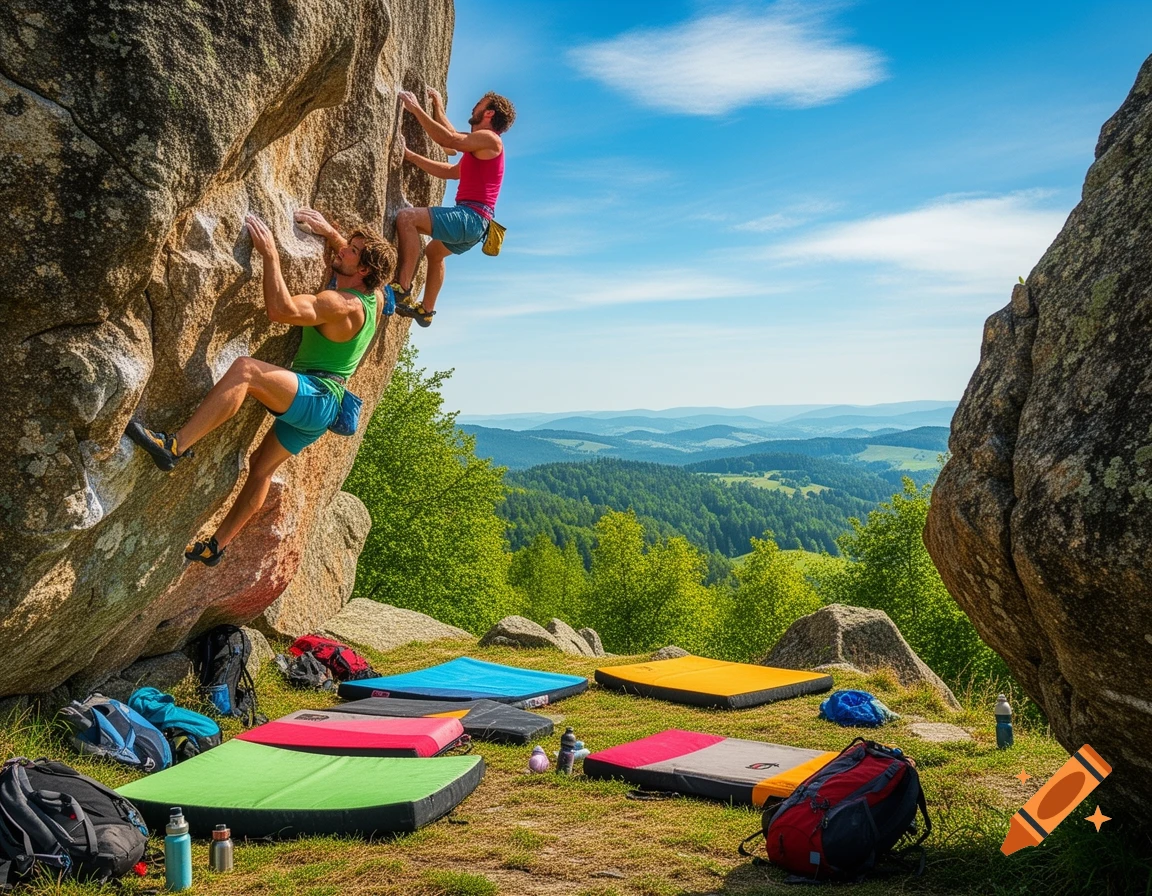Two men rock climbing on a large boulder, with colorful crash pads below and a scenic mountain forest view.