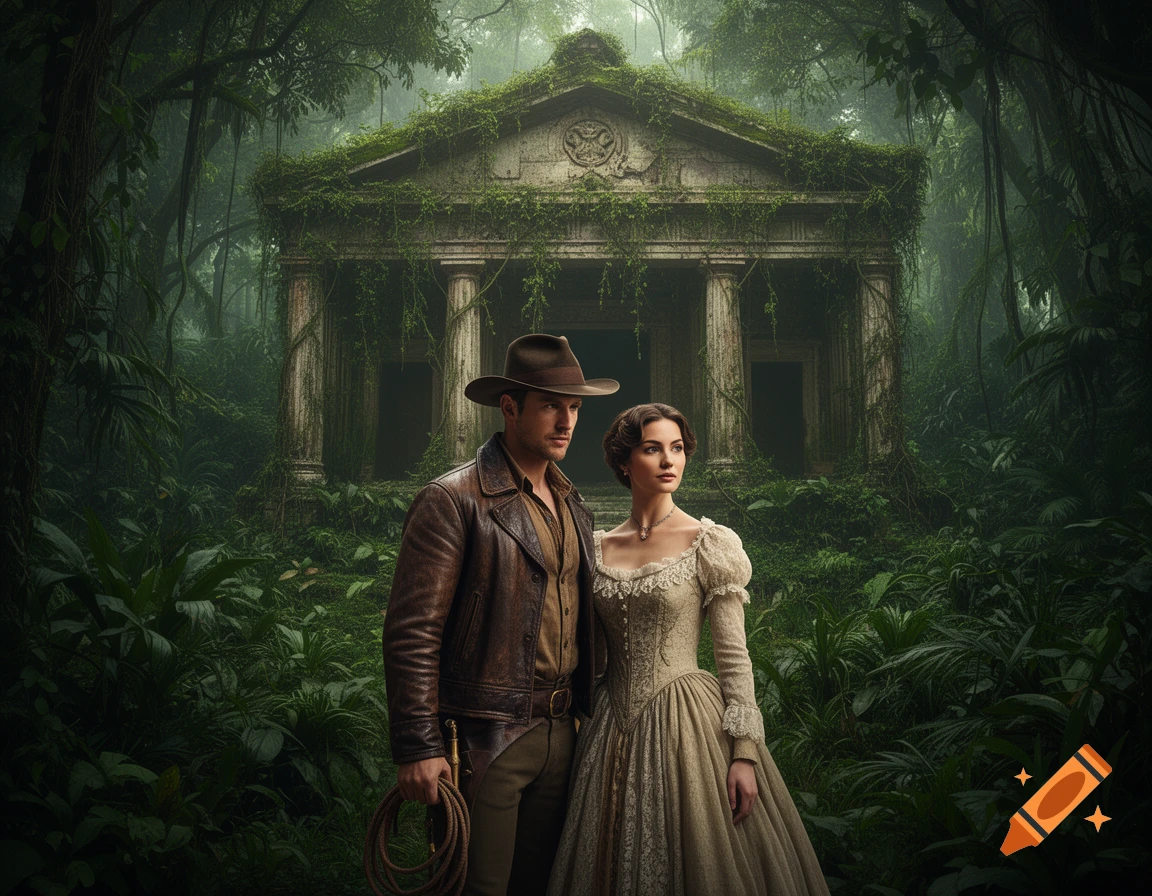 An adventurer and a woman in a Victorian dress stand before a moss-covered ancient temple in a lush jungle.