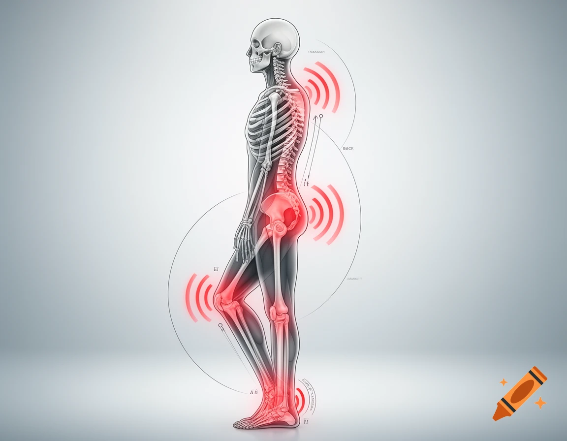A detailed diagram of a human skeleton in profile, highlighting areas of pain in the back, hip, knee, and foot with pulsing red rings.