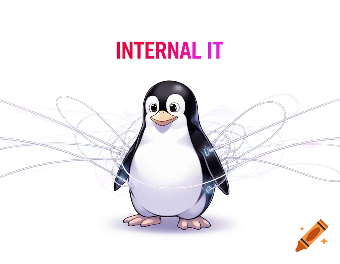 Anime-style cartoon Linux penguin with network cables connected to its body, with the text 'INTERNAL IT' above.