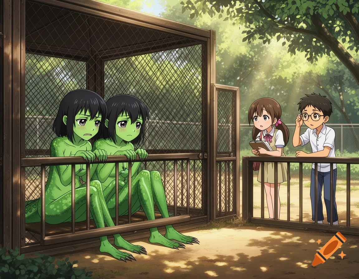 Two green-skinned lizard women sit in a cage at a zoo, looking shyly at two anime students observing them.