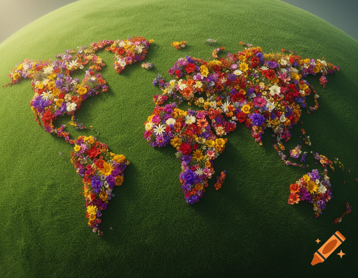 A vibrant world map with continents made of colorful flowers on a lush green grassy earth, viewed from above.