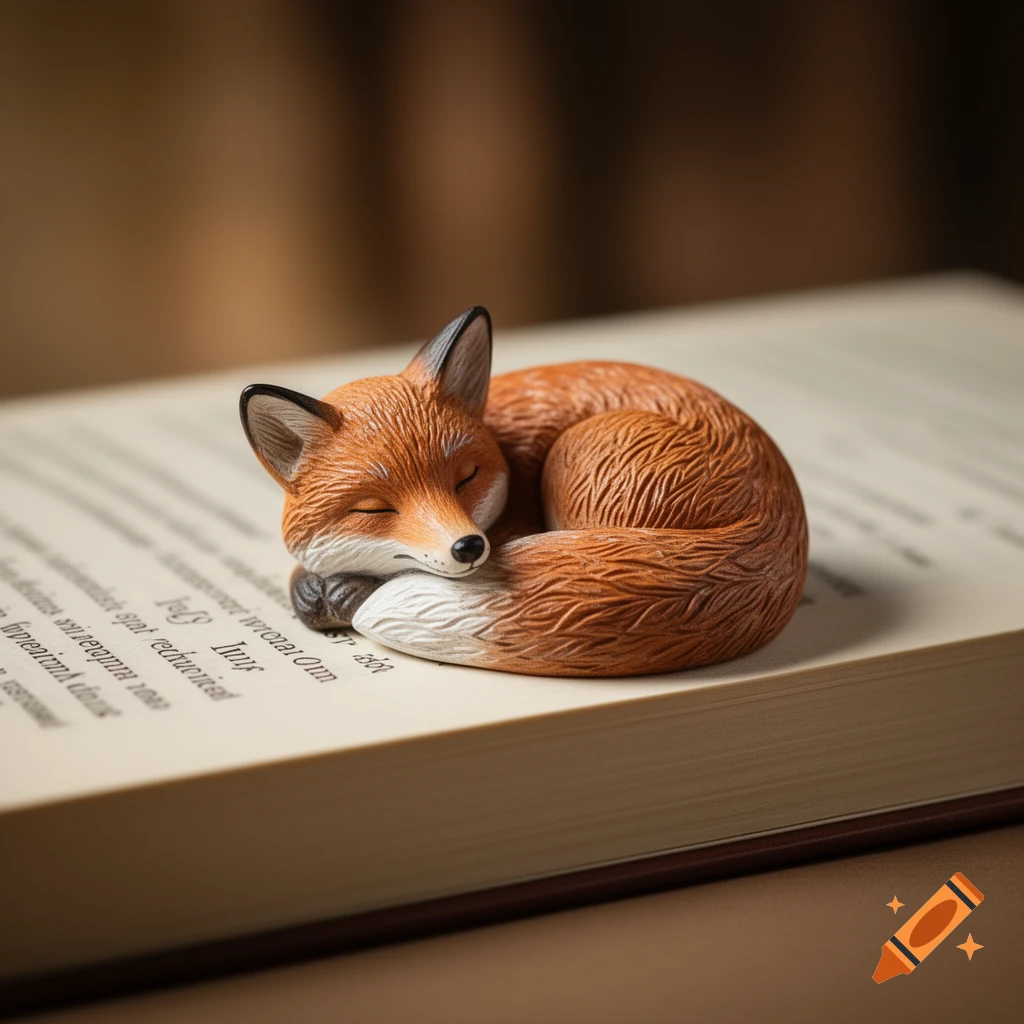 Macro studio shot of a sleeping red fox figurine curled on an open book, with soft side lighting.