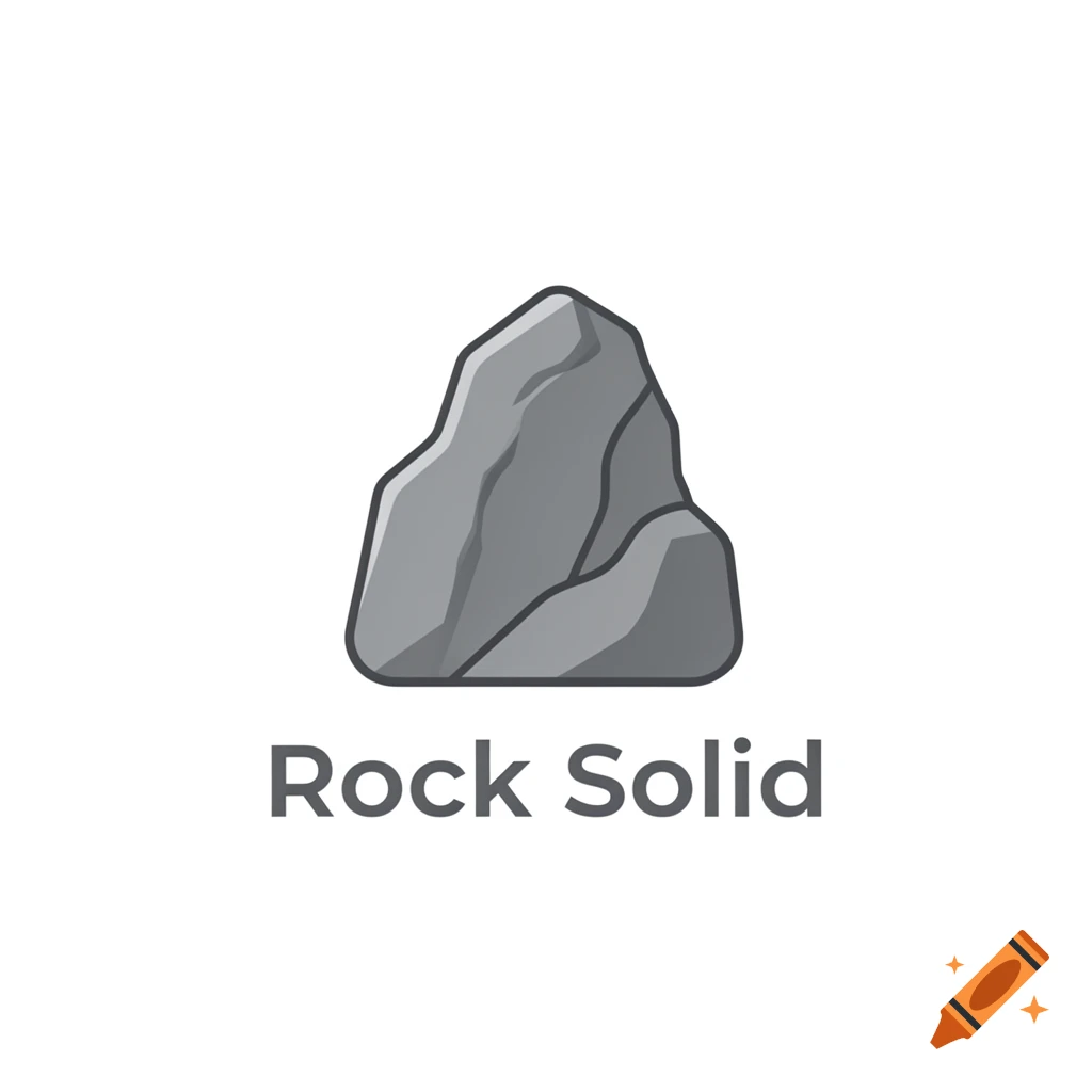 A grey cartoon rock icon with the text 'Rock Solid' below it on a white background.