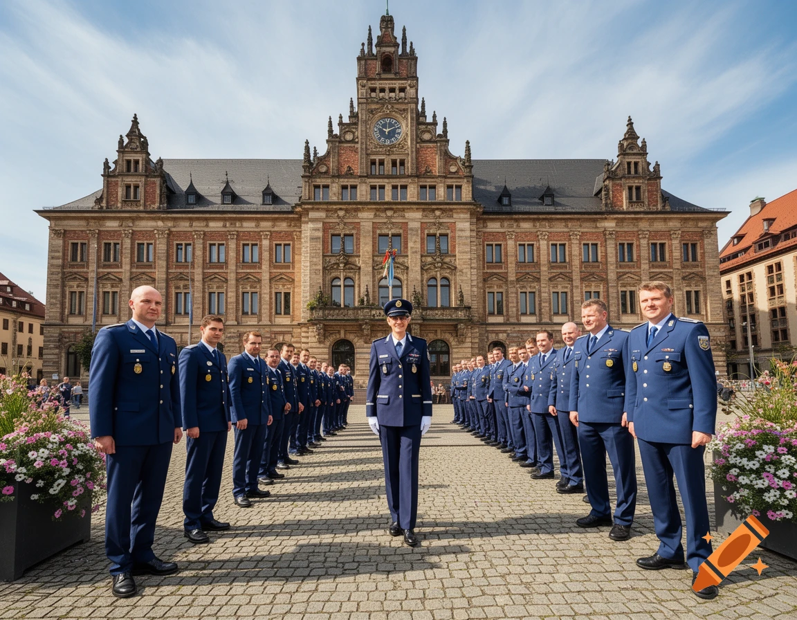 Photorealistic image of people in blue uniforms forming an aisle in front of an ornate city hall under a clear sky.