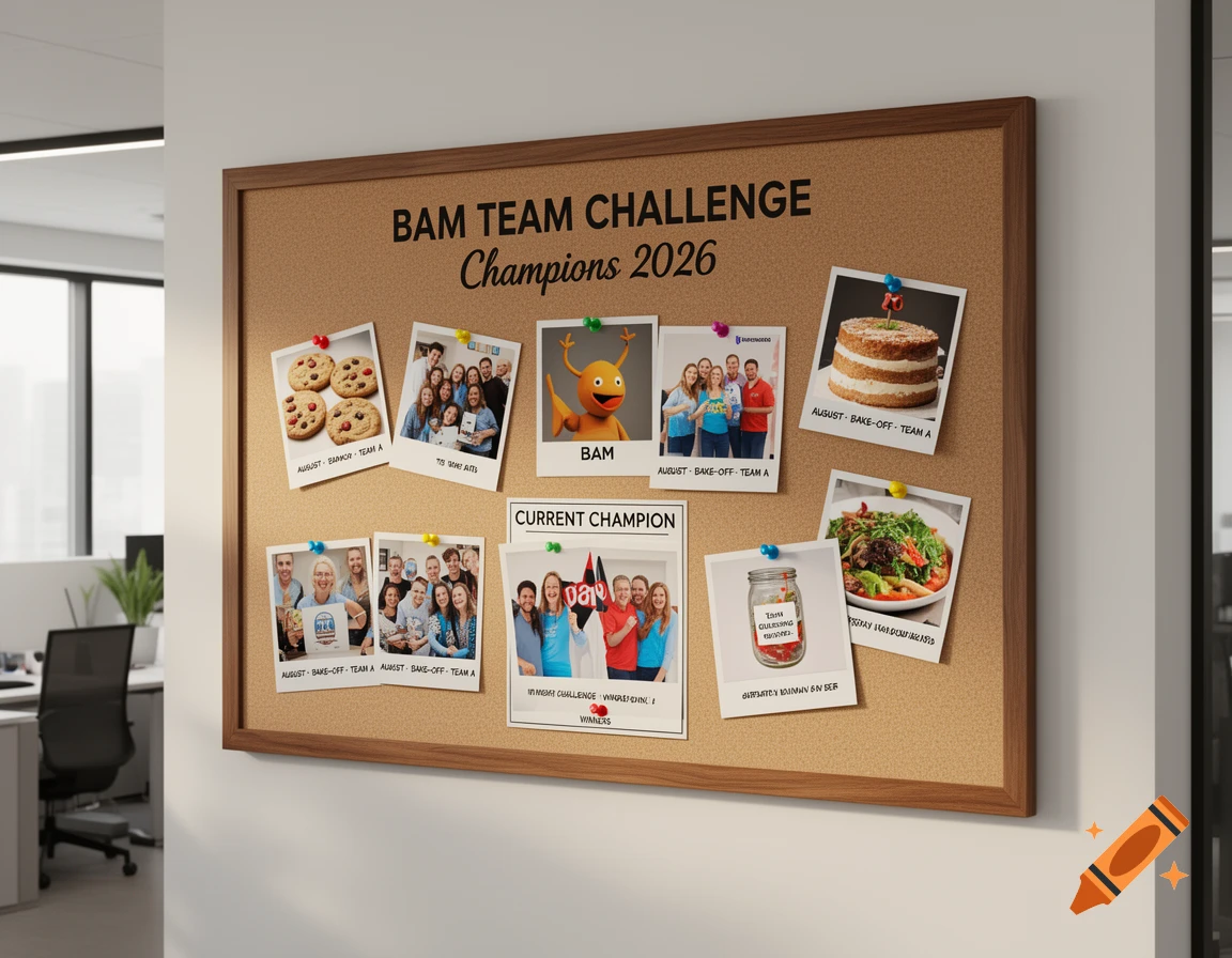 A cork board on an office wall displays a "BAM TEAM CHALLENGE Champions 2026" headline and various polaroid photos of teams and challenge results, pinned with colorful pushpins.