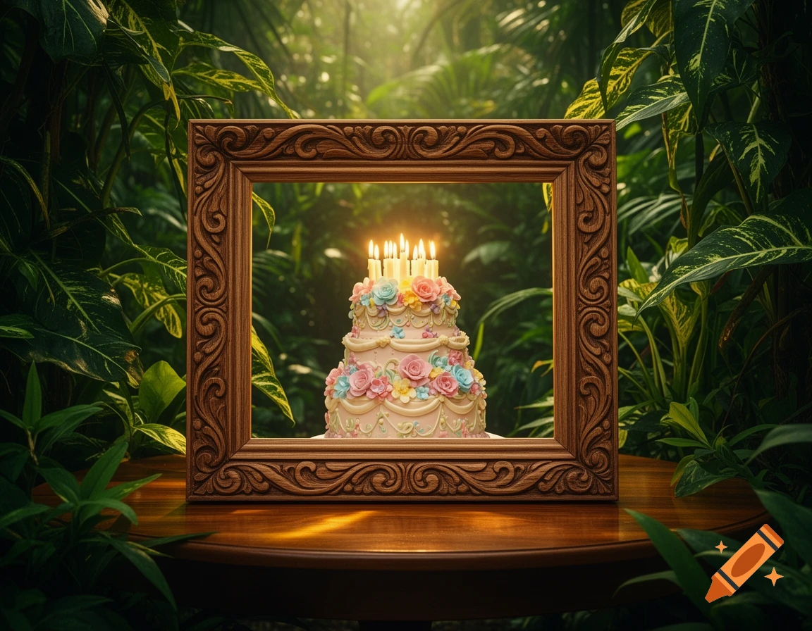 A framed birthday cake with lit candles and colorful flowers on a wooden table, surrounded by lush green tropical plants.