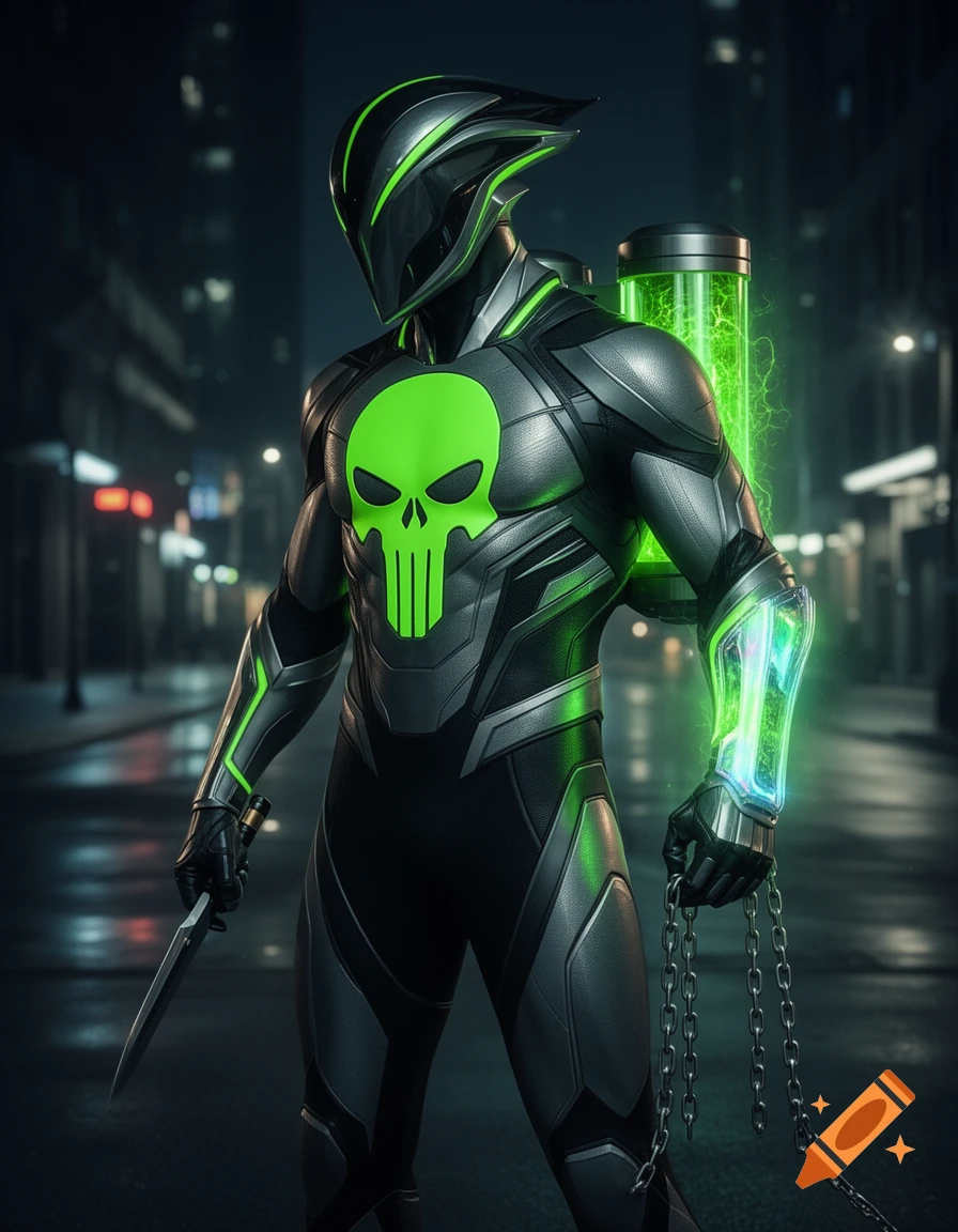 A futuristic superhero in a black and gray suit with neon green accents and a skull logo, holding a dagger and chains on a dark city street.