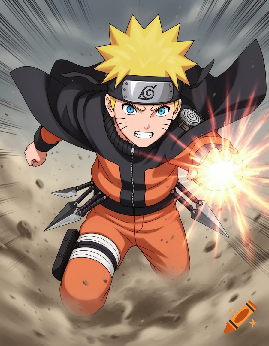 Anime illustration of Naruto Uzumaki, leaping forward, conjuring a bright energy blast from his hand amidst debris.