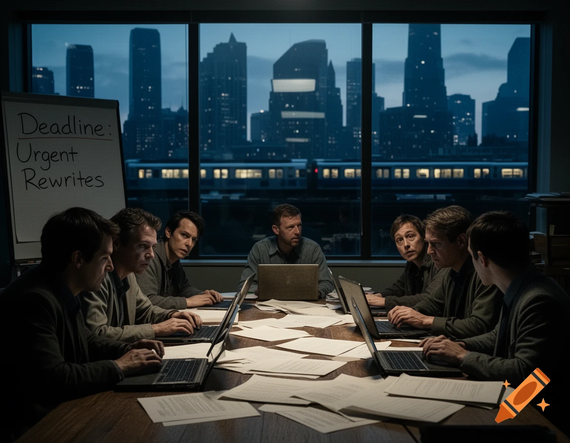 Men in an urgent evening meeting, working on laptops with a city skyline in the background and a whiteboard reading 'Deadline: Urgent Rewrites'.