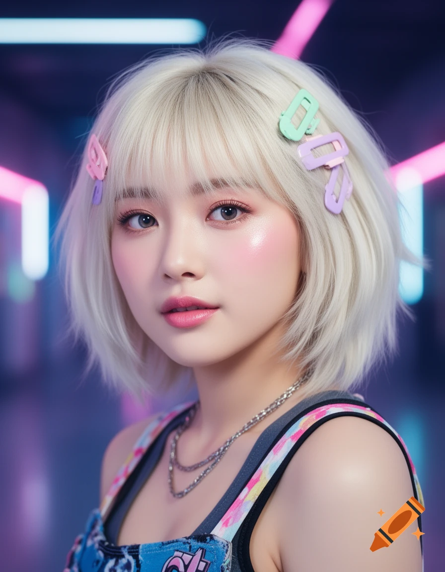 Photorealistic portrait of a young K-pop idol with short platinum blonde hair, wearing pastel hair clips and a silver necklace, against a neon background.