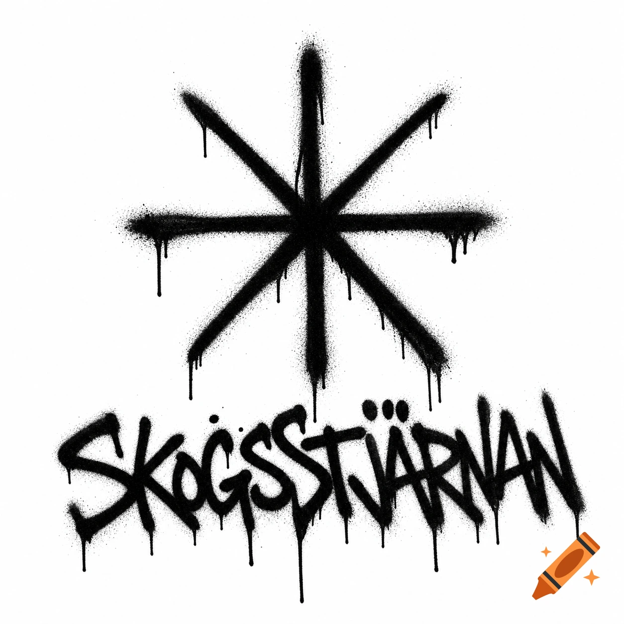 A black spray-painted eight-pointed star symbol above the graffiti text 'SKOGSSTJÄRNAN' on a white background, with drips and overspray.