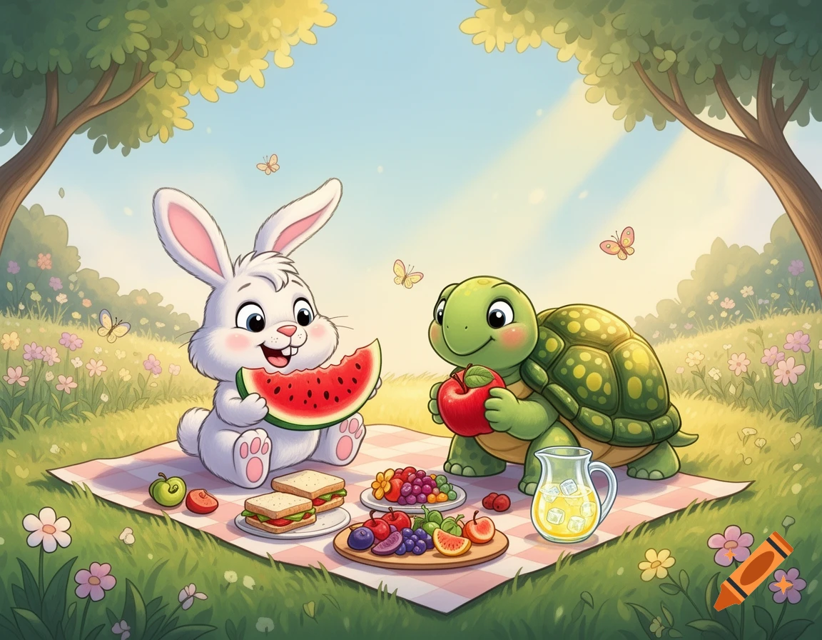 A cheerful cartoon bunny eats watermelon next to a smiling turtle eating an apple at a picnic in a sunny grassy field.