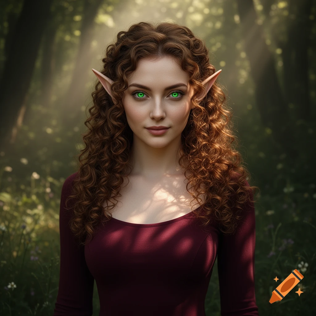 A photorealistic portrait of an elf woman with curly brown hair, pointy ears, and vivid green eyes in a sunlit forest.