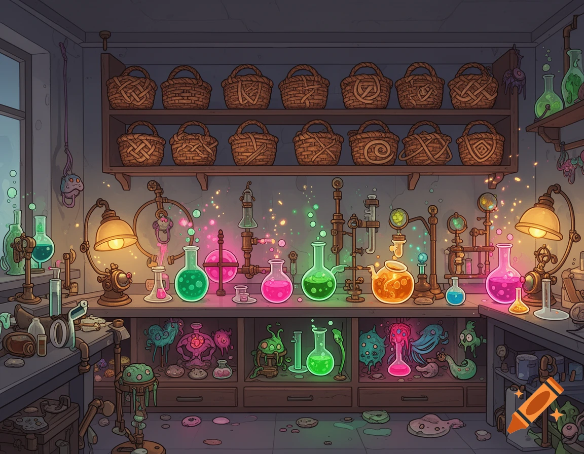 A cartoon-style whimsical science laboratory with glowing potions, intricate machinery, shelves of wicker baskets, and quirky creatures.