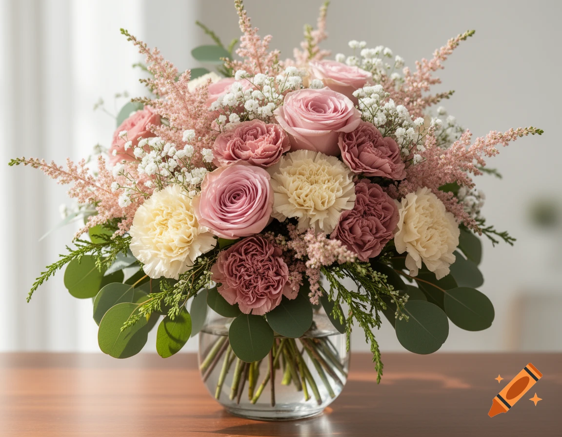 A beautiful bouquet of pink and cream roses, carnations, and astilbe with eucalyptus leaves in a clear glass vase on a wooden table.