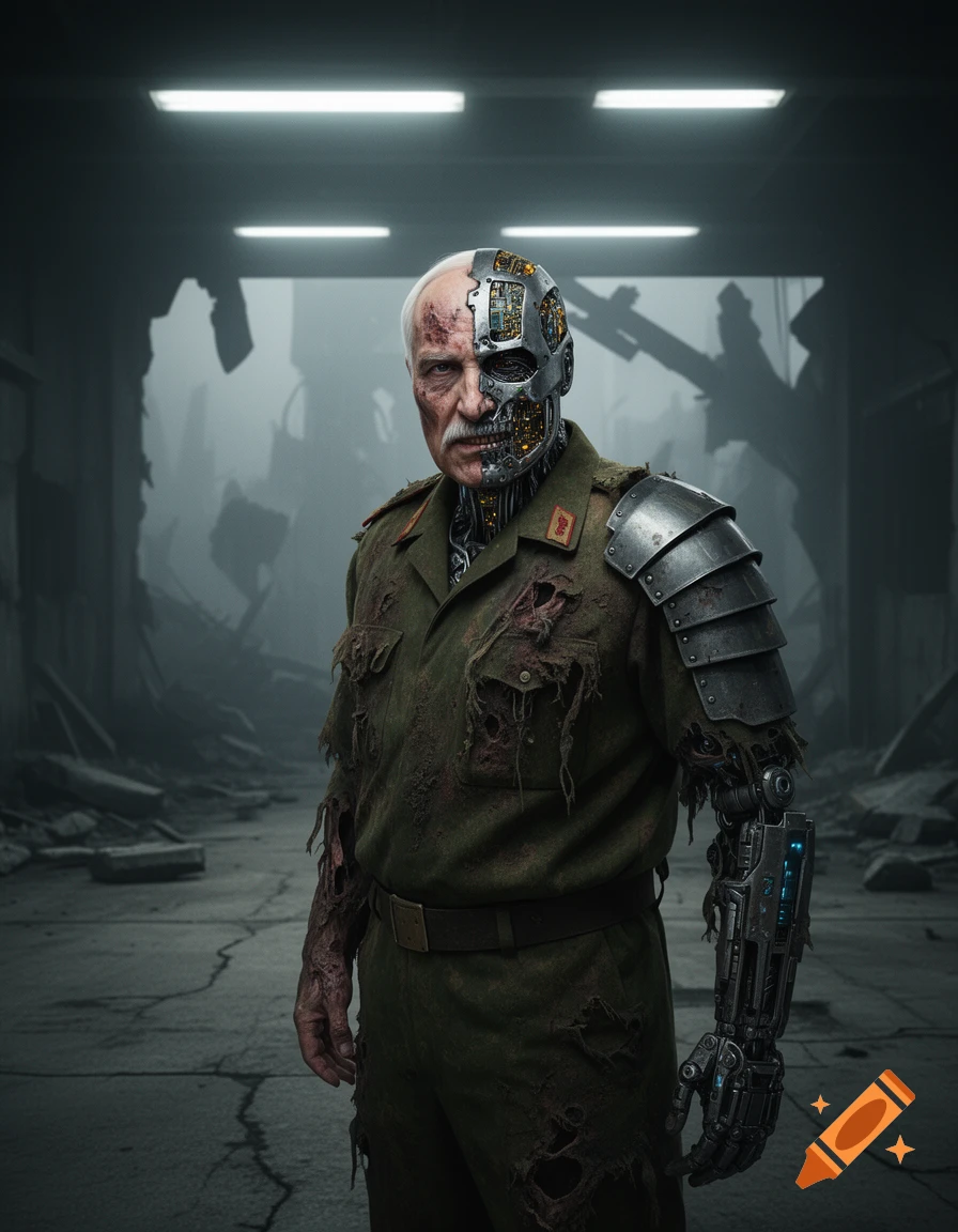 A menacing cyborg-like man with half a human face and half a metallic head, wearing a tattered military uniform, stands in a desolate, destroyed building.