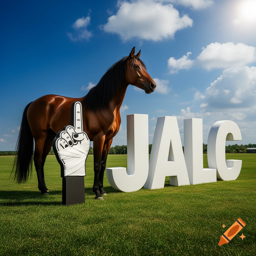 A brown horse stands next to a white foam finger pointing up and large white letters 'JALC' in a grassy field under a blue sky.
