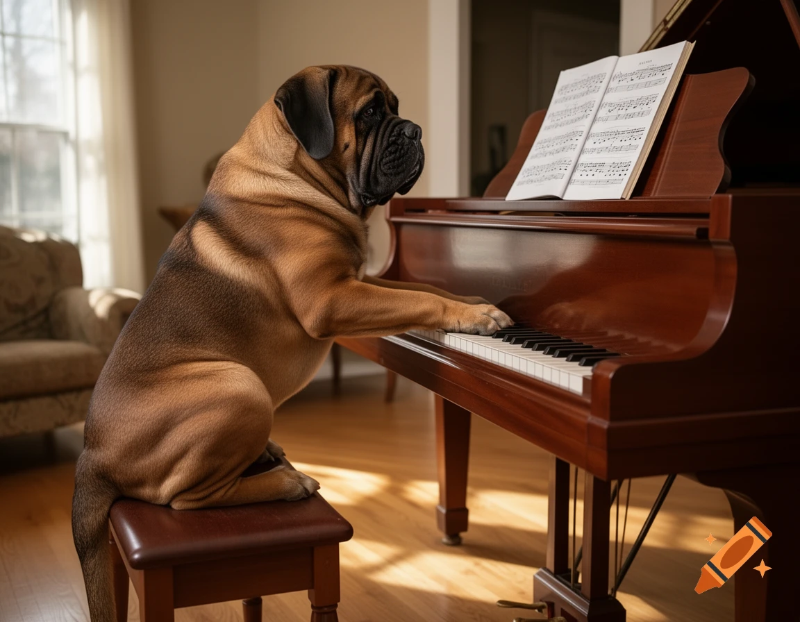 A large mastiff dog sits on a piano bench, seemingly playing a grand piano with sheet music open on the stand, in a sunlit room.