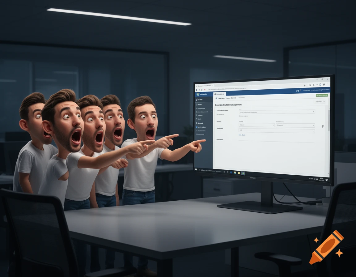 Five stylized cartoon men with wide-open mouths and exaggerated expressions point intently at a computer screen displaying a 'Business Partner Management' interface in a dim office.
